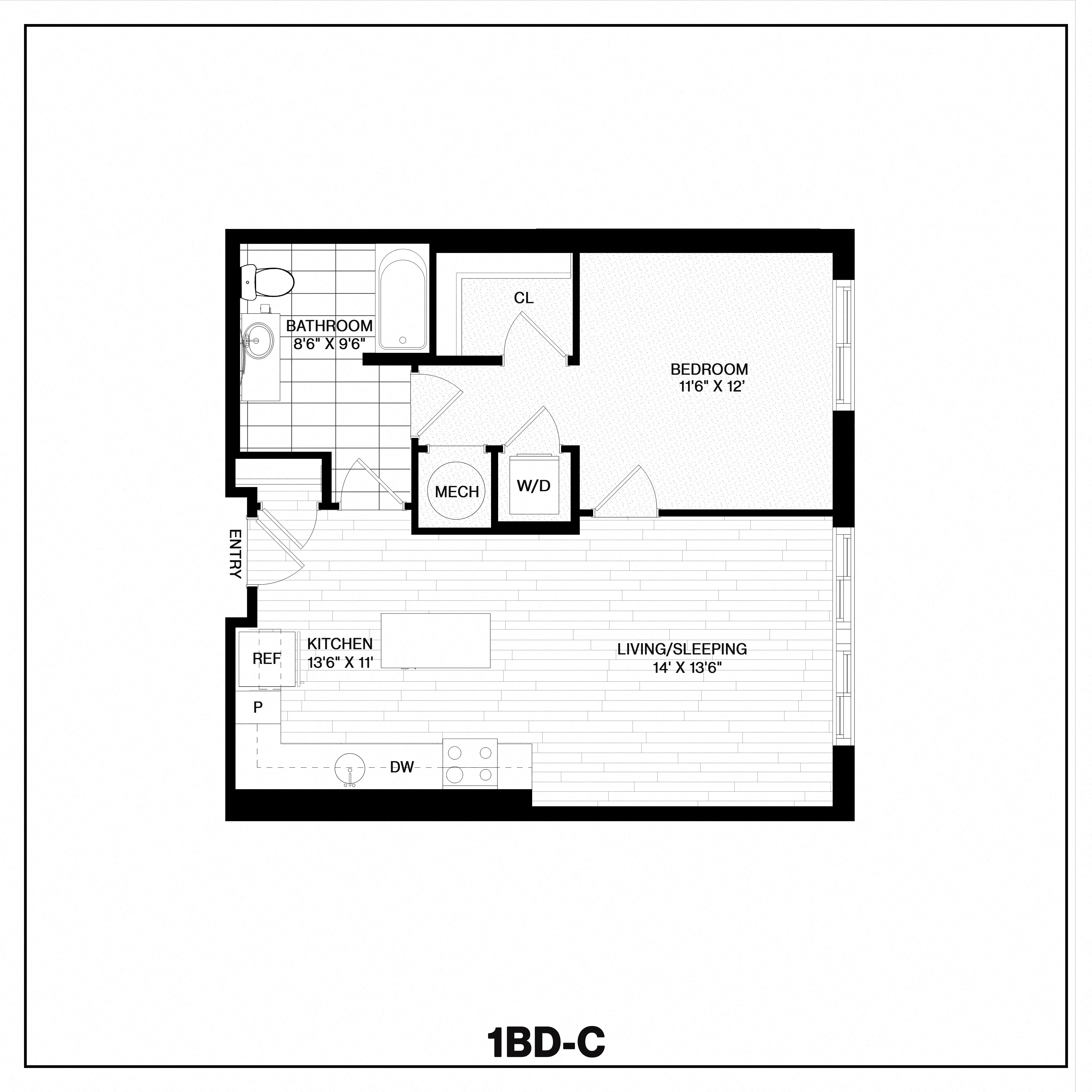 Floor plan for 1 bed, 1 bath, 691 sqft